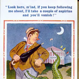 Comic postcard, Drunken man with crocodile Date: 20th century