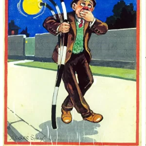 Comic postcard, Drunken man in the street, hanging onto a belisha beacon