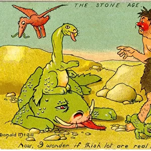 Comic postcard, Drunken Stone Age man with prehistoric animals Date: 20th century