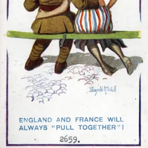 Comic postcard, England and France will always pull together, WW1 Date: circa 1918