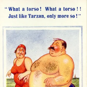 Comic postcard, Enormous man with woman in the sea Date: 20th century