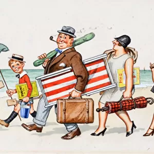 Comic postcard, Family arriving on the beach