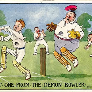 Comic postcard, A fast one from the demon bowler Date: 20th century
