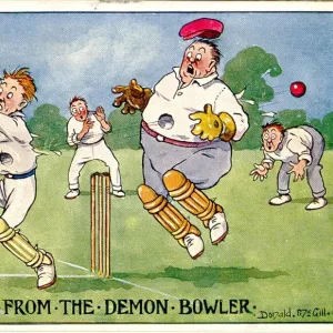 Comic postcard, A fast one from the demon bowler Date: 20th century