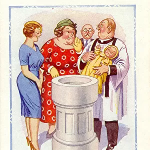 Comic postcard, Father not present at baptism Date: 20th century