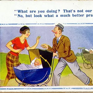 Comic postcard, Father takes the wrong pram Date: 20th century