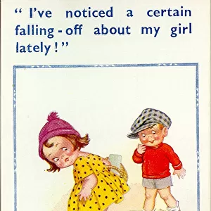 Comic postcard, Girl and boy, falling-off Date: 20th century