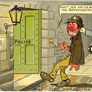 Comic postcard, Put me among the girls - Drunkard arrested. Date: early 20th century