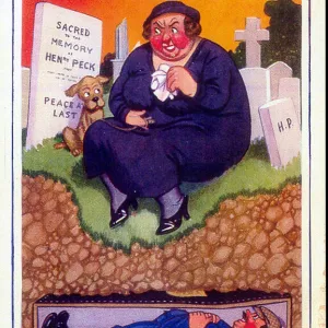 Comic postcard, Grieving woman in cemetery Date: 20th century