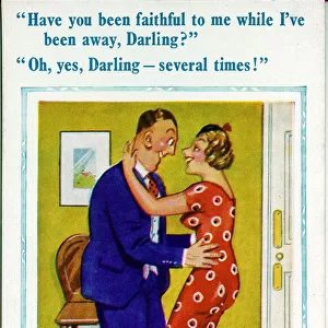 Comic postcard, Husband returns home to wife Date: 20th century