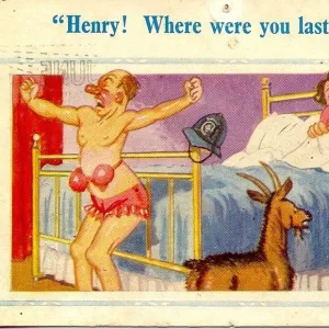 Comic postcard, Husband after riotous night out Date: 20th century