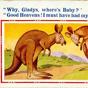 Comic postcard, Kangaroo couple with missing baby Date: 20th century