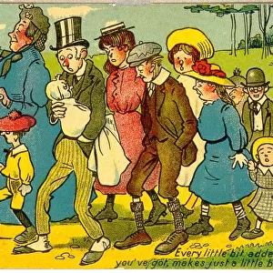Comic postcard, Large family out for a walk Date: 20th century