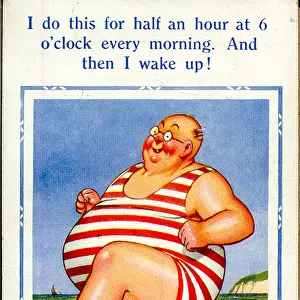 Comic postcard, Large man running on the beach Date: 20th century