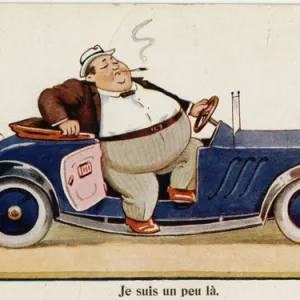 Comic postcard, large man with small car