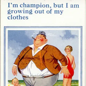 Comic postcard, Large man walking on the beach