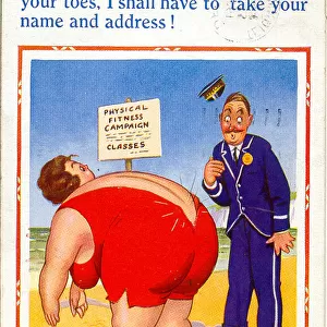 Comic postcard, Large woman exercising on the beach, with warning from inspector Date