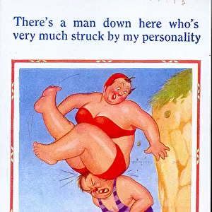 Comic postcard, Large woman falling off a cliff onto a man paddling in the sea Date