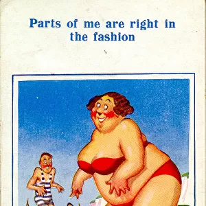 Comic postcard, Large woman in red bikini at the seaside Date: 20th century