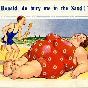 Comic postcard, Large woman in red swimsuit on the beach Date: 20th century