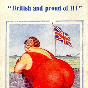 Comic postcard, Large woman in red swimsuit at the seaside