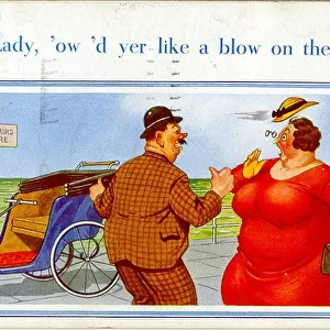 Comic postcard, Large woman at the seaside - bath chairs for hire Date: 20th century