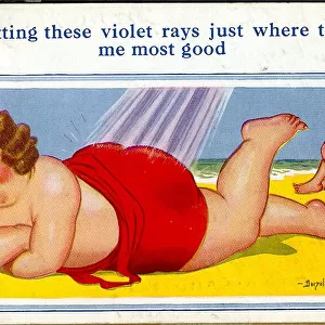 Comic postcard, Large woman sunbathing at the seaside Date: 20th century