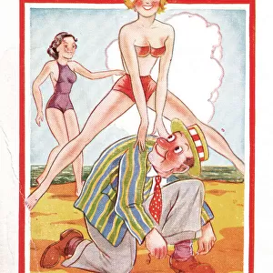 Comic postcard, Leapfrogging on the beach Date: 20th century