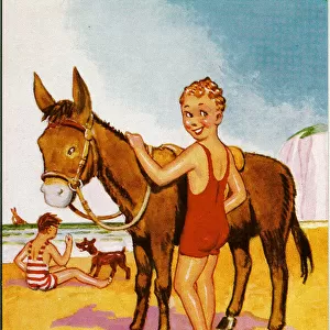 Comic postcard, Little boy with donkey on beach Date: 20th century