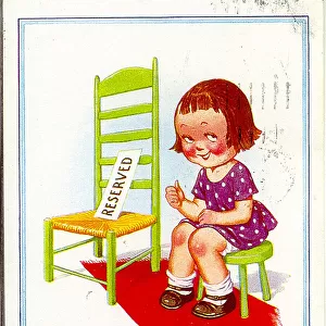 Comic postcard, Little girl with Reserved chair for a friend Date: 20th century