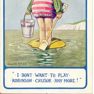 Comic postcard, Little girl at the seaside, marooned on a pile of sand