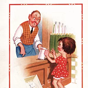 Comic postcard, Little girl and shopkeeper
