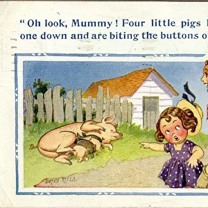 Comic postcard, Little girl, woman and pigs Date: 20th century