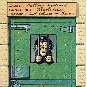Comic postcard, Man behind bars. In the Asylum - betting systems. Date: 20th century