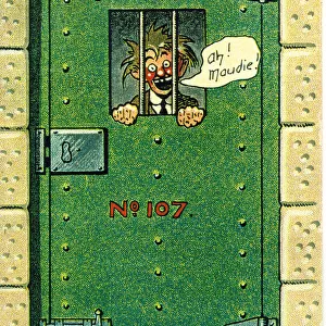 Comic postcard, Man behind bars. In the Asylum - mashing barmaids. Date: 20th century
