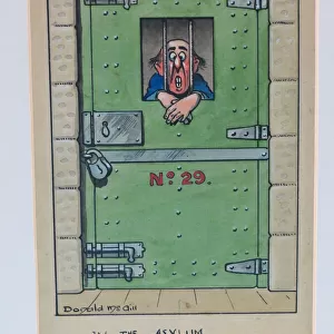 Comic postcard, Man behind bars. In the Asylum - Politics. Date: 20th century