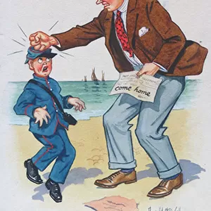 Comic postcard, Man on beach annoyed by telegram. How dare you bring me a telegram like