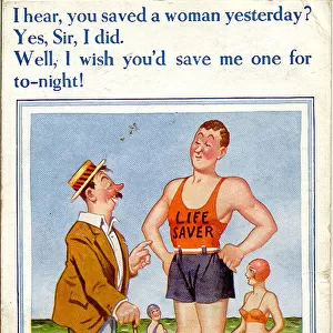 Comic postcard, Man chats with lifeguard on the beach Date: 20th century