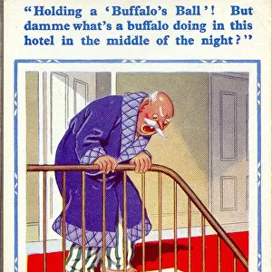 Comic postcard, Man disturbed by late night party in hotel Date: 20th century