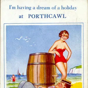 Comic postcard, Man drinking from a beer barrel at the seaside Date: 20th century