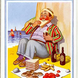 Comic postcard, Man enjoying a picnic on the beach