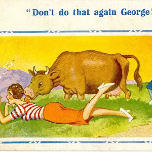 Comic postcard, Man, girlfriend and cow Date: 20th century