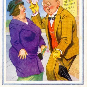 Comic postcard, Man greets woman in the street - memory training Date: 20th century