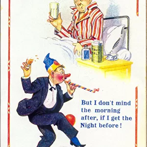 Comic postcard, Man with hangover after drunken evening