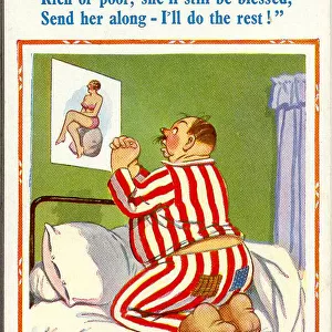 Comic postcard, Man kneeling in bed, praying for a woman Date: 20th century
