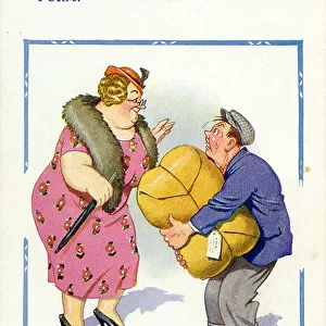 Comic postcard, Man with large parcel looking for maternity home Date: 20th century