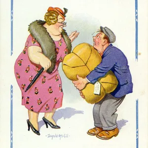 Comic postcard, Man with large parcel looking for maternity home Date: 20th century