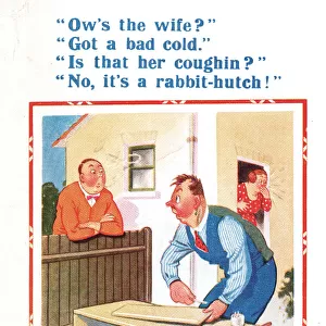 Comic postcard, man making rabbit hutch Date: 20th century