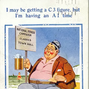 Comic postcard, Man with a pint of beer on the beach
