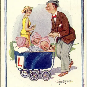 Comic postcard, Man pushing pram with triplets Date: 20th century